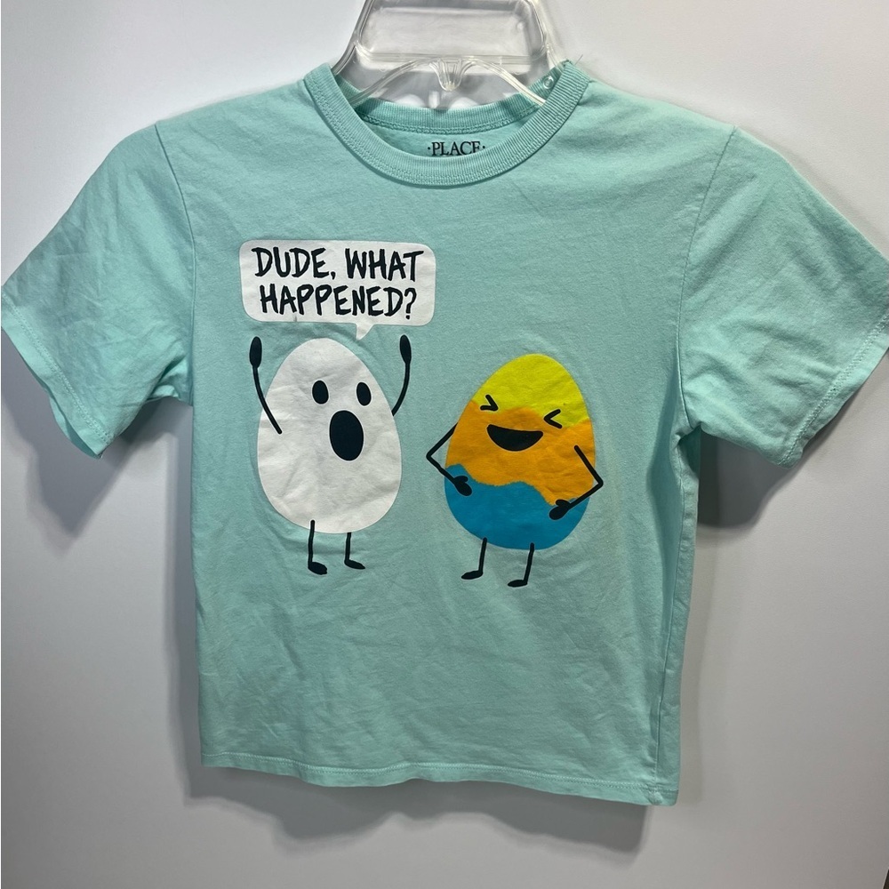 Teal Short Sleeve Graphic Tee Egg shirt Funny Boys medium (7-8)